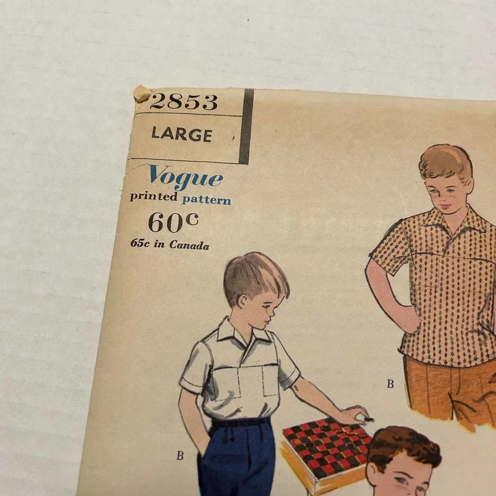 Vogue Vintage 1950's Pattern #2853 Boys‎ Sport Shirts Size Medium Neck 12.5-13